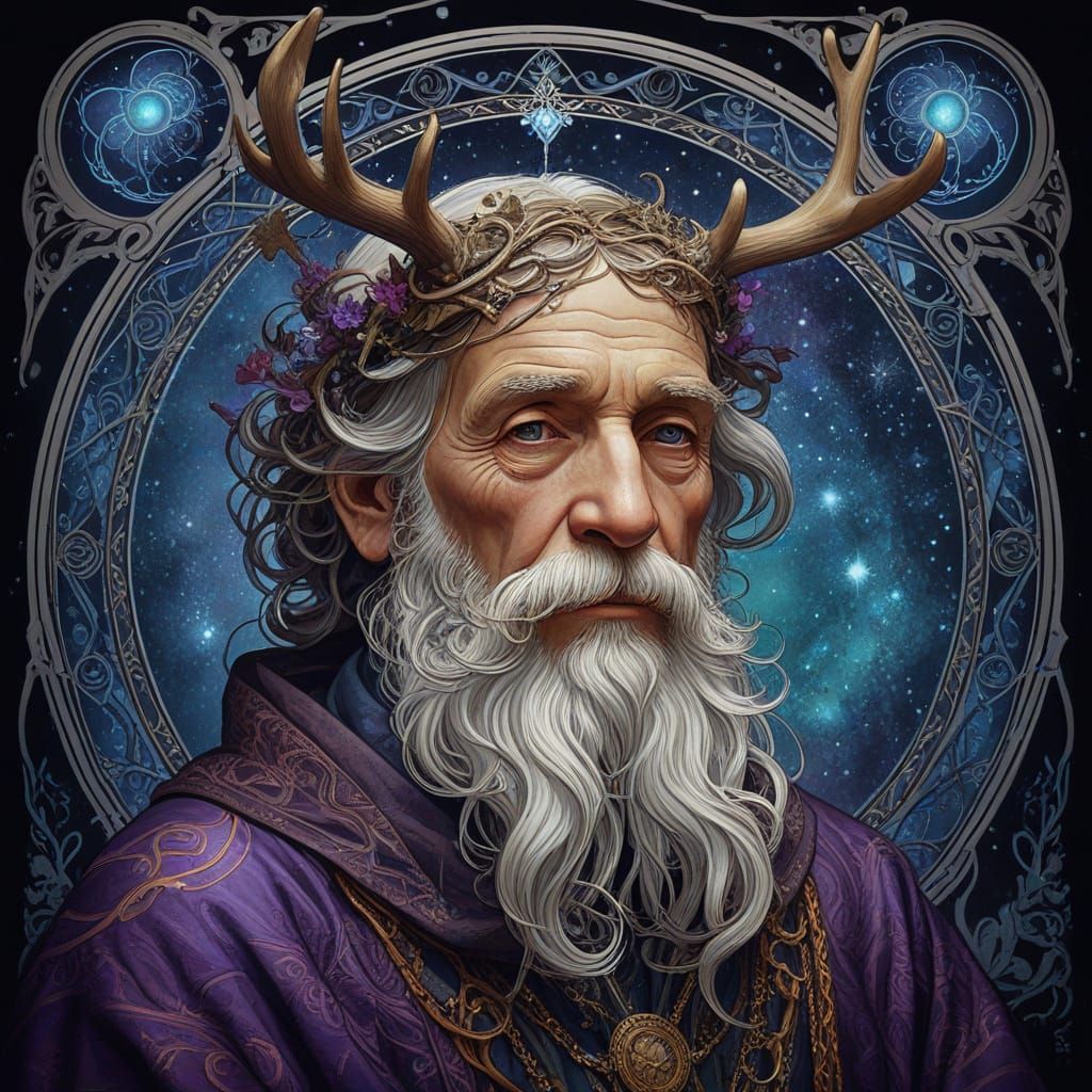 Mystical Old Man Engraving with Cosmic Stars