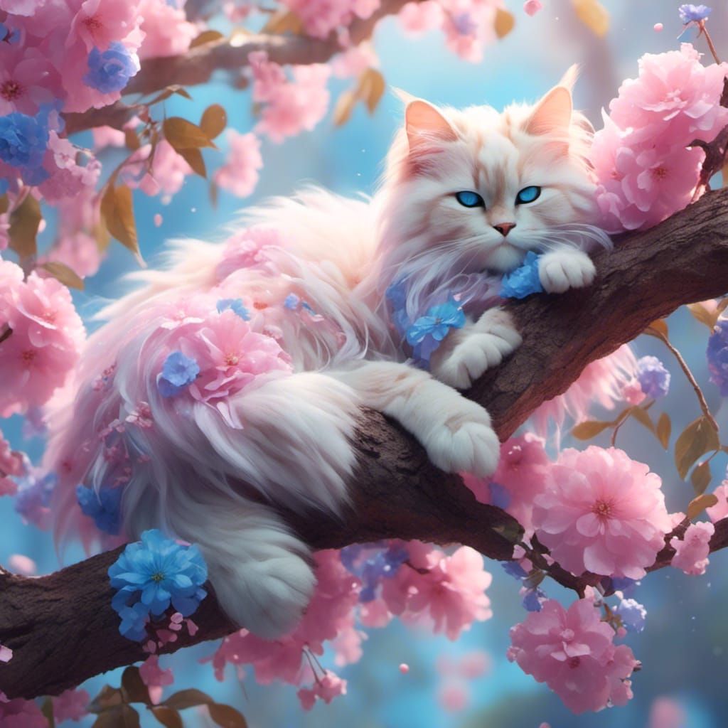 Fluffy Cat Sleeping Among Pastel Flowers