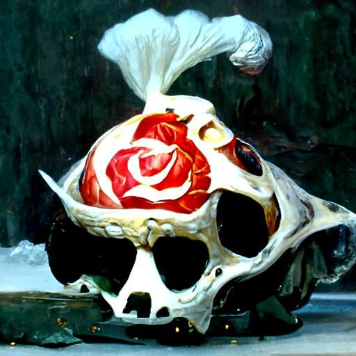 Rose Emerges from Skull: Oil Painting