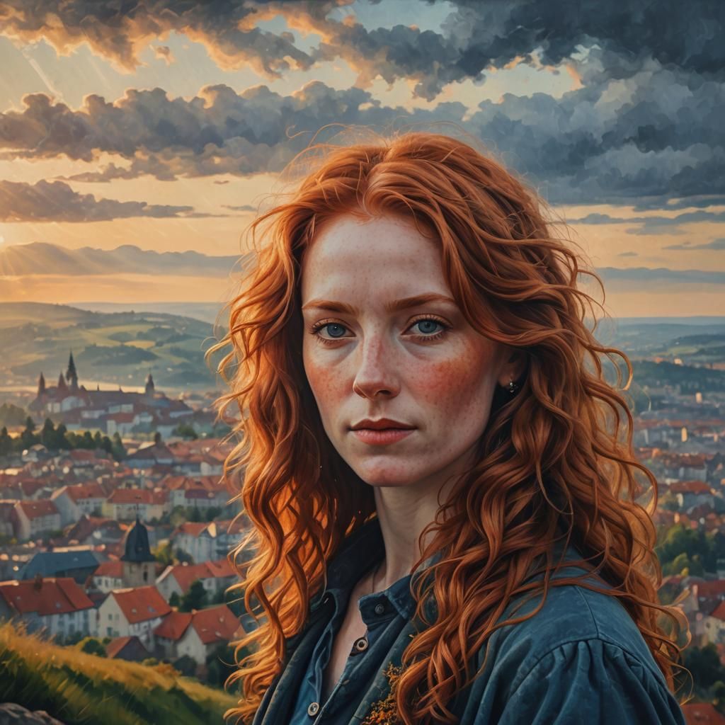 Redhead Overlooking Stuttgart: Rembrandt-Inspired Oil Painti...