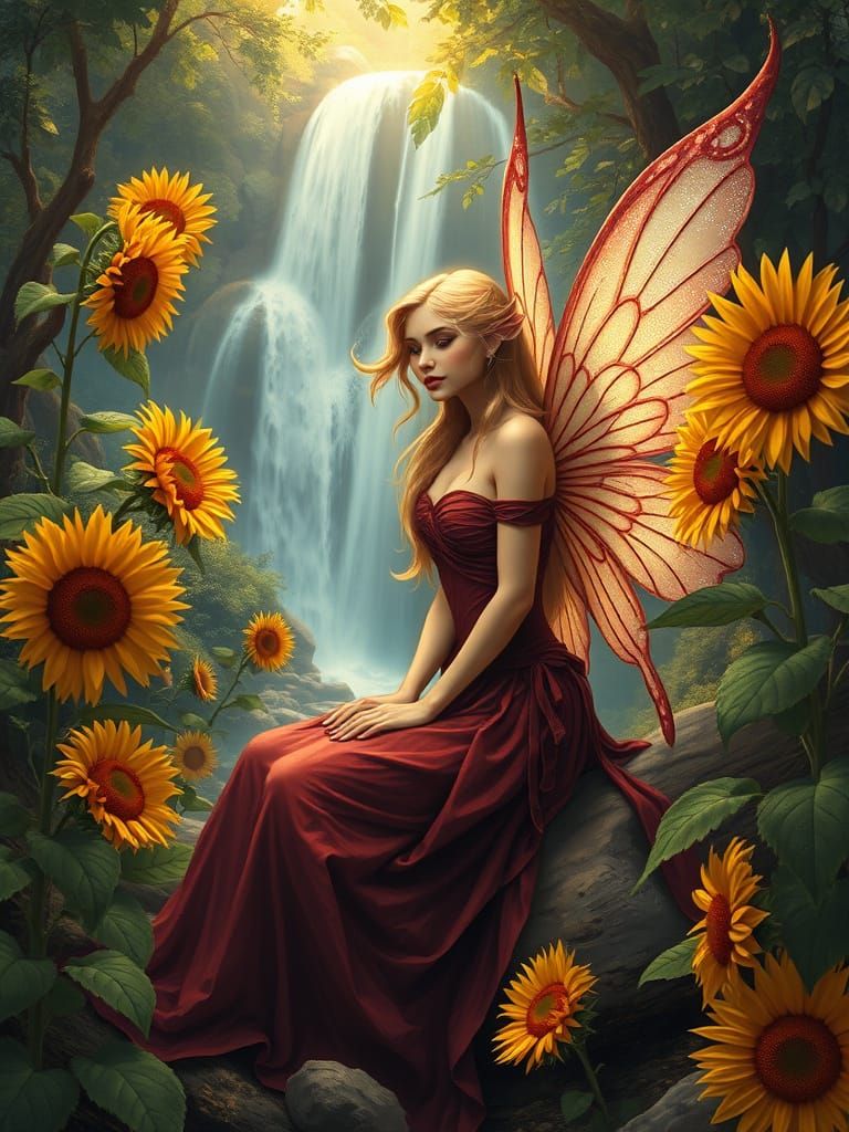 A dreamy fairy with gold hair, glowing wings, and maroon attire sits gracefully among sunflowers. Background magical for...