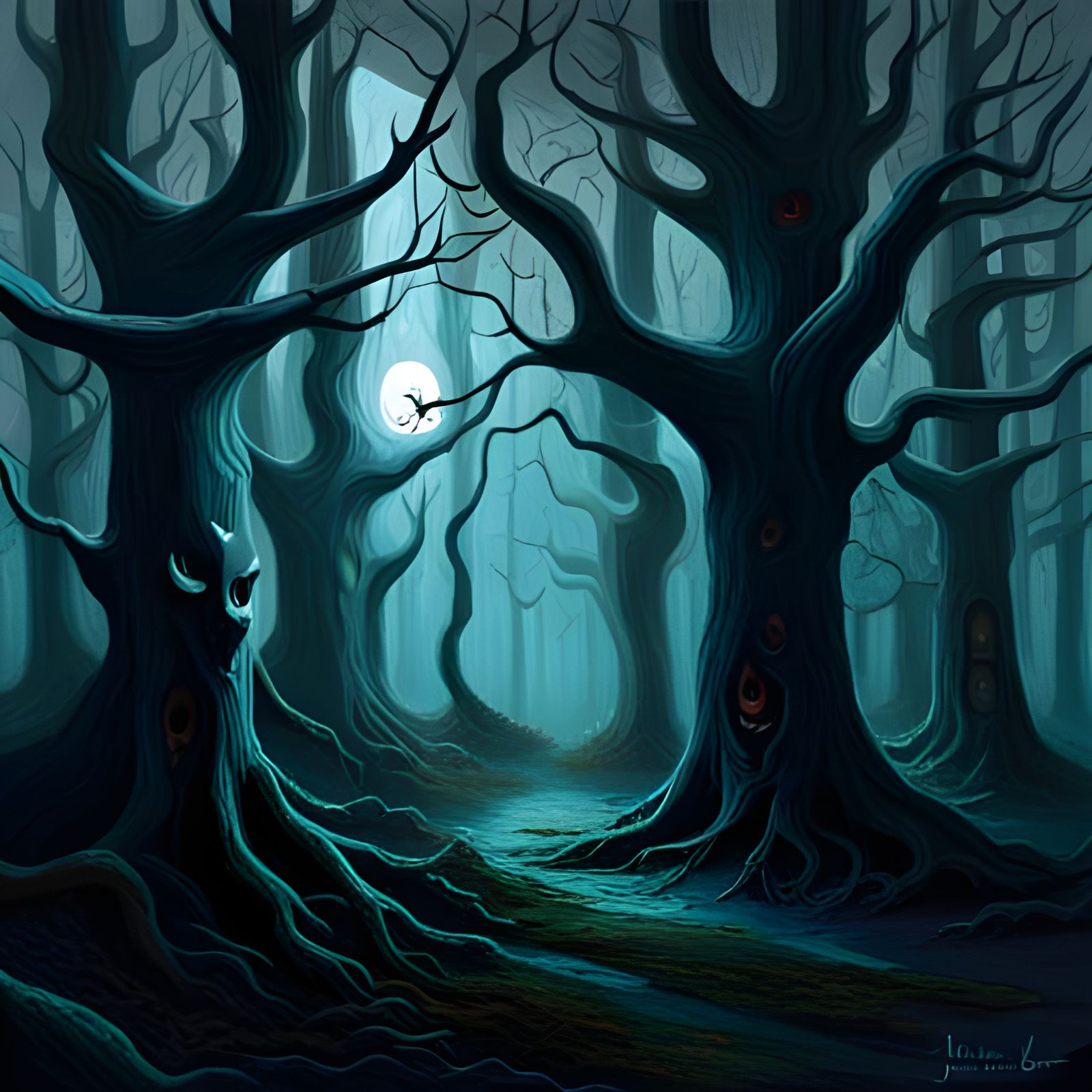 Eerie Spooky Forest with Glowing Eyes, Sinister Oil Painting