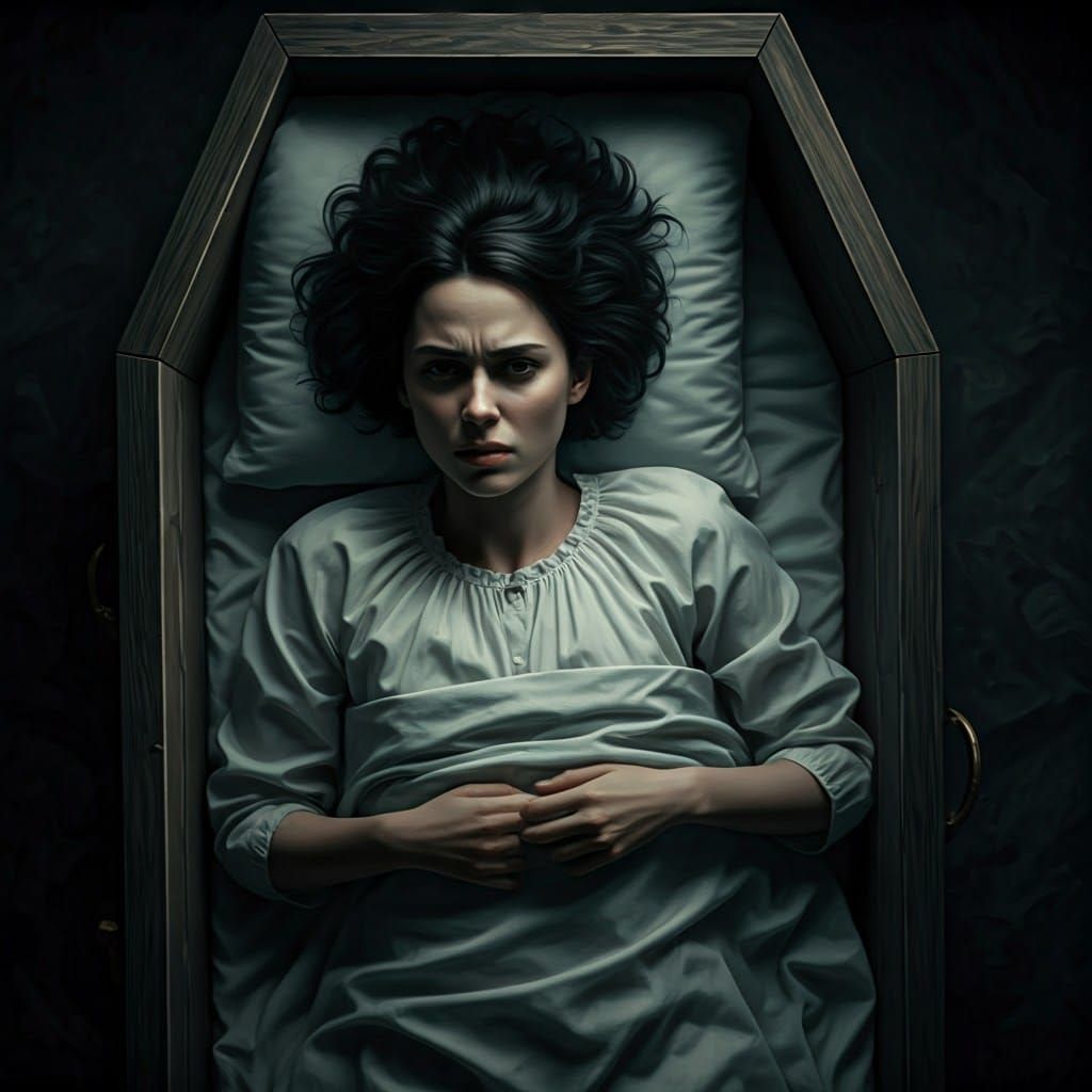 Young Woman in Distress, Cozying Up in a Wooden Coffin
