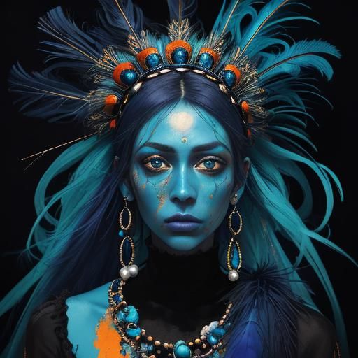 Abstract Expressionist Portrait with Peacock Feathers