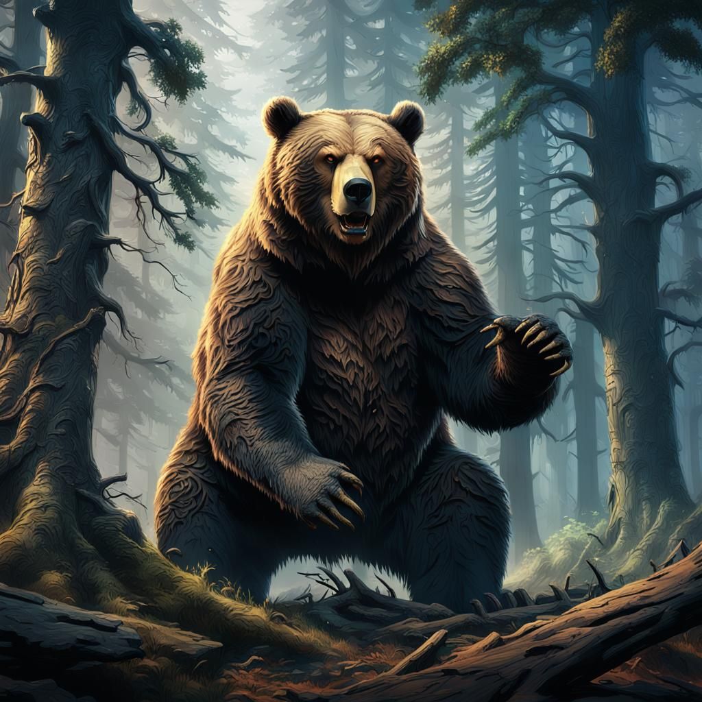 Hyperrealistic Bear Breaks Tree in Misty Forest