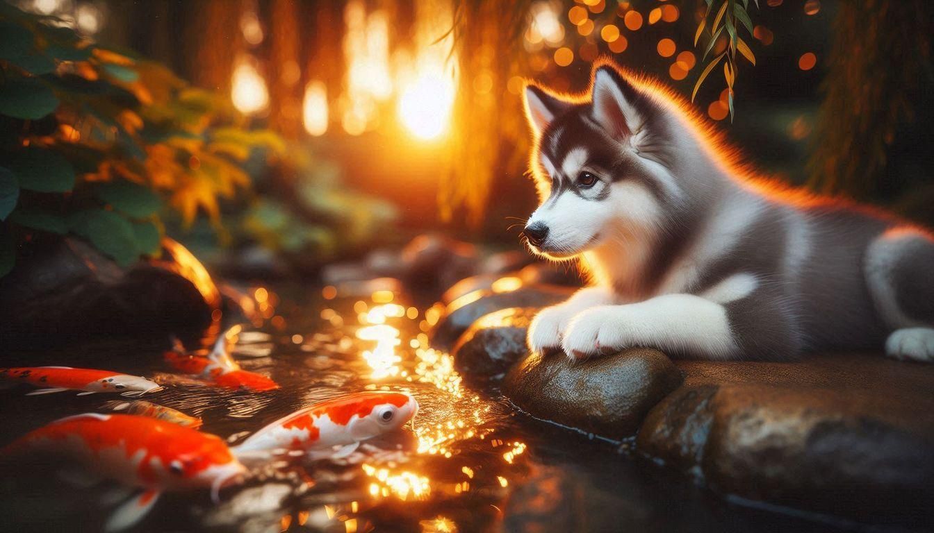Husky puppy and koi fish