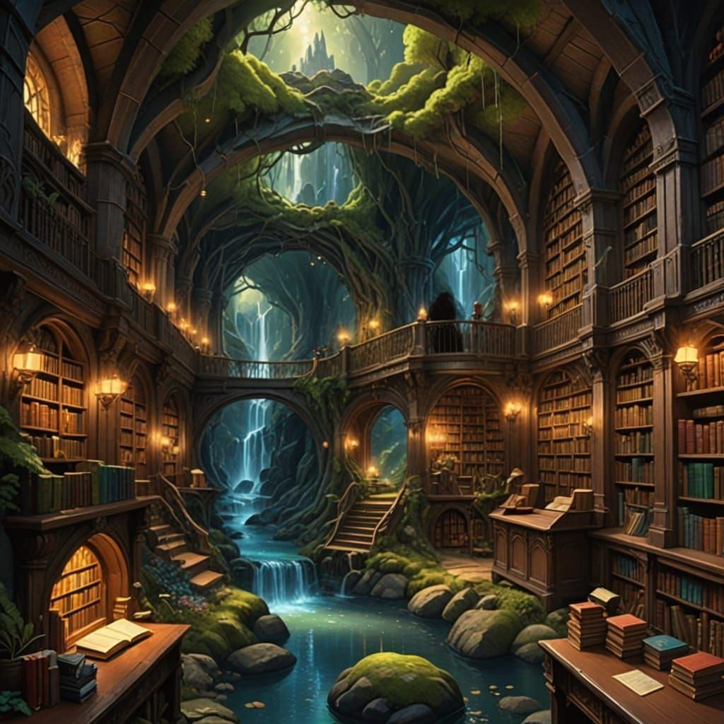 Enchanted Cave Library in Middle Earth