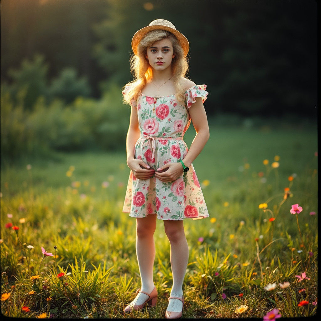 Masculine Young Man Crossdressing in Meadow, Film Still