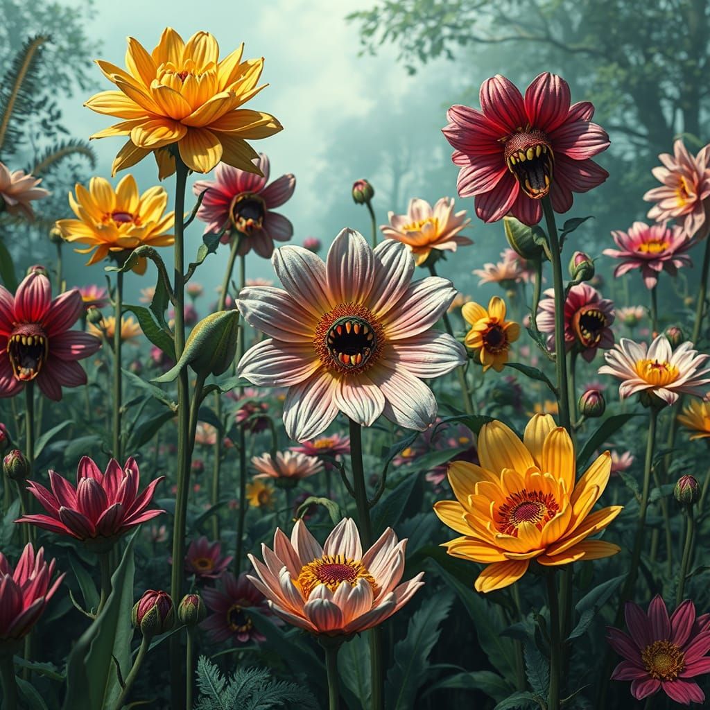 Surreal Garden of Blooming Flowers with Teeth and Eyes
