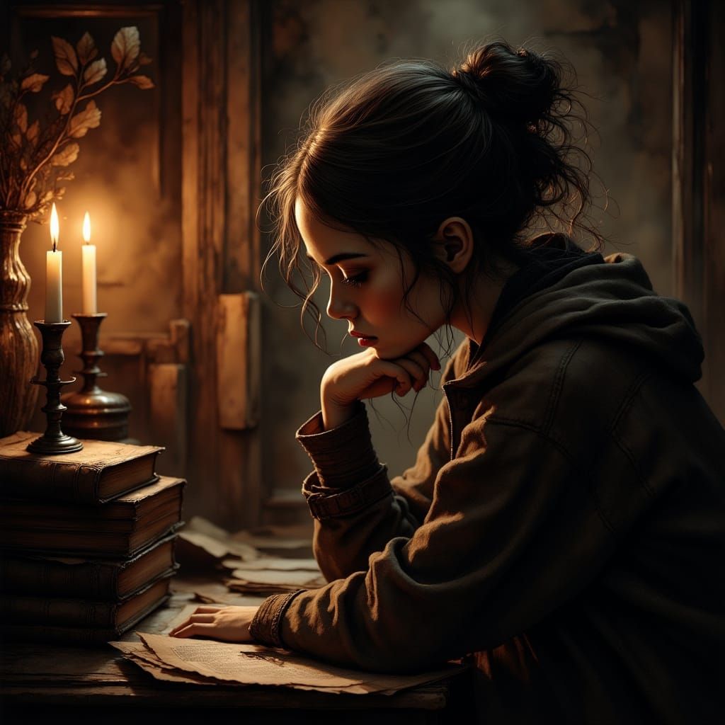 Contemplative Figure in Golden Candlelight