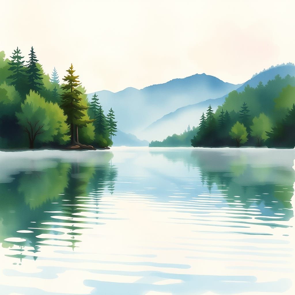 Serene Lake Morning Landscape in Watercolor Style