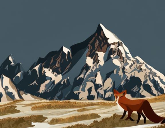 Fox in Snowy Mountain Landscape with Pine Forest