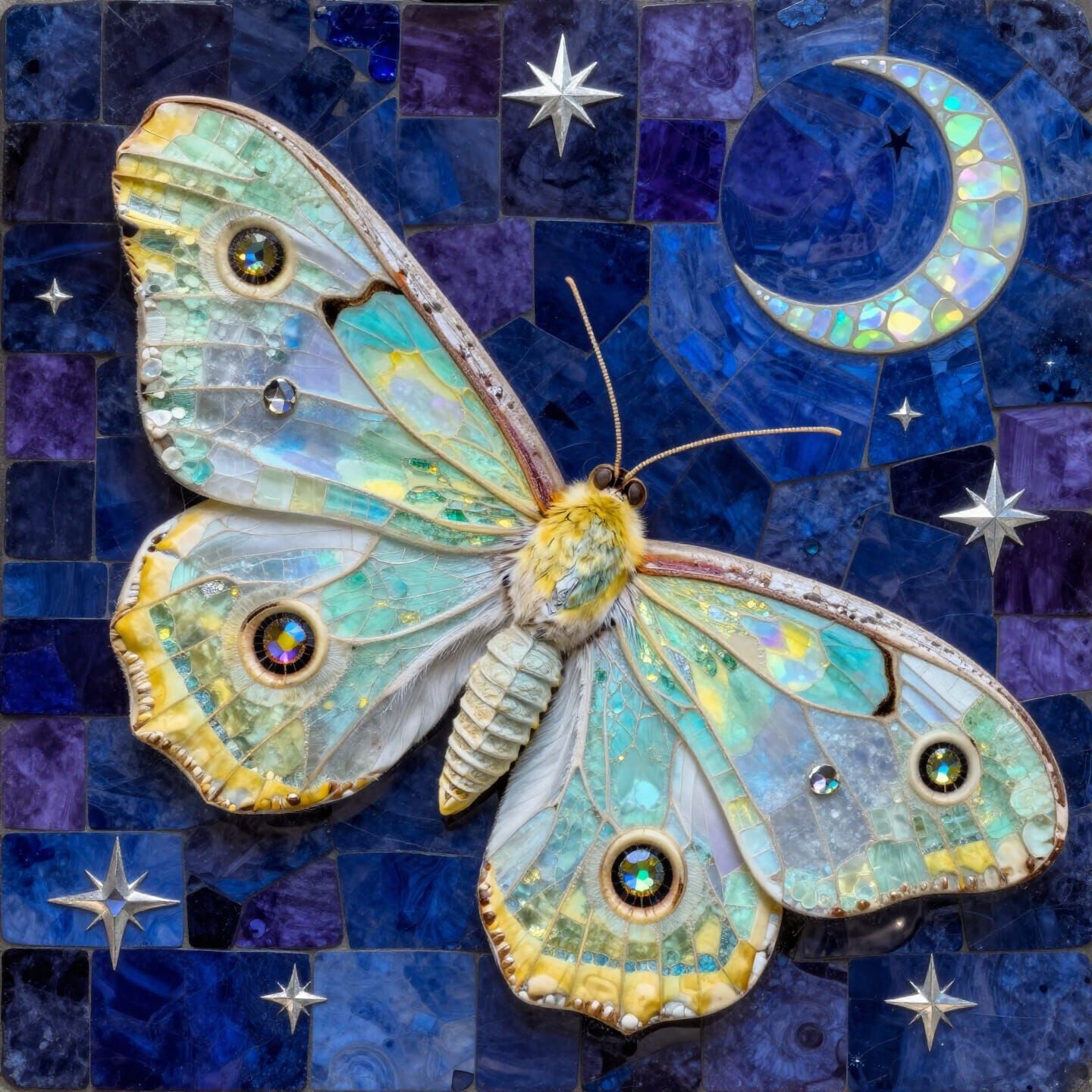 Luna Moth Mosaic Art in Cobalt Blue and Turquoise