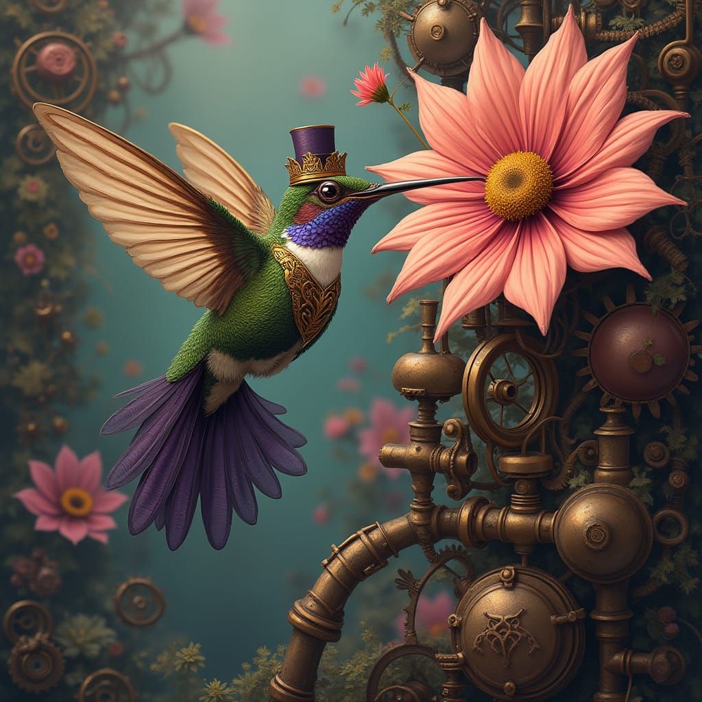 A whimsical oil painting of a steampunk-inspired hummingbird, reminiscent of Tim Burton's cartoon style, with exaggerate...