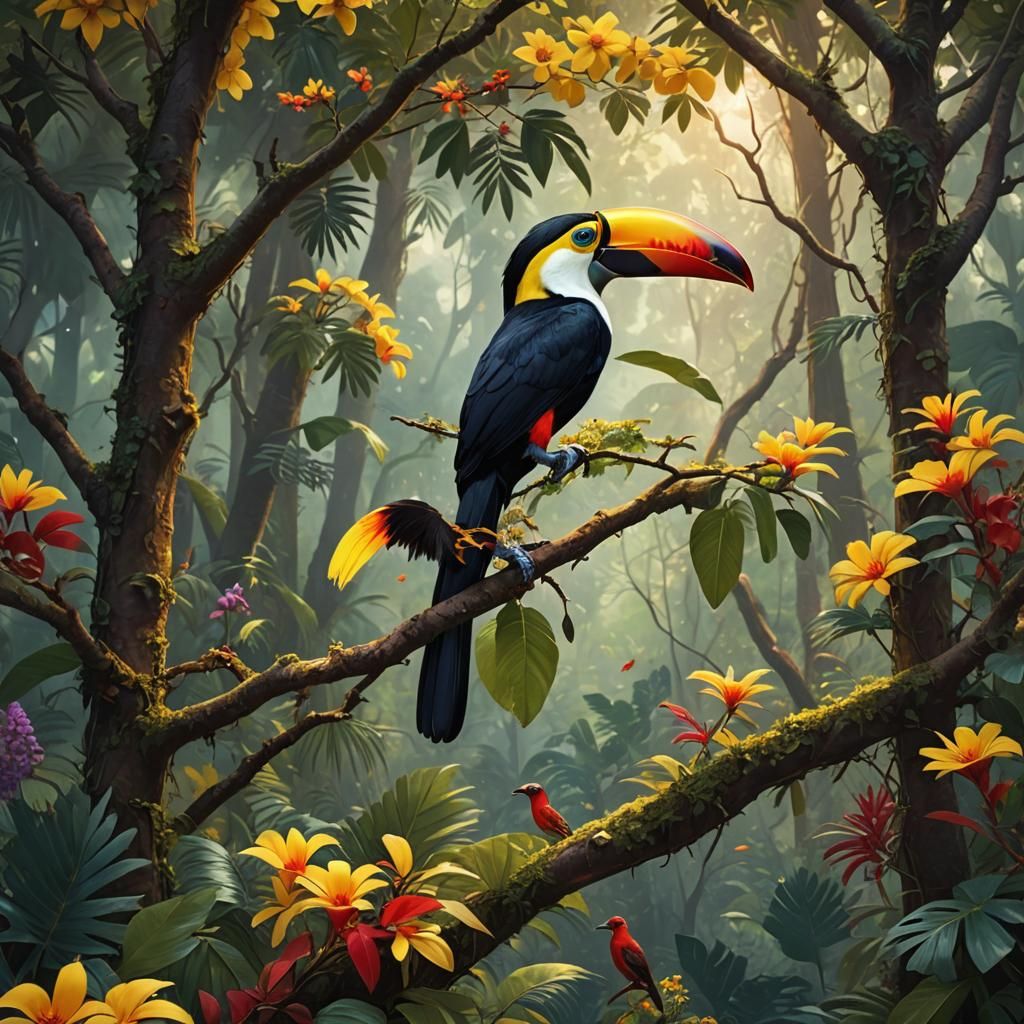 Toco Toucan and Red Bird in Forest: Digital Painting