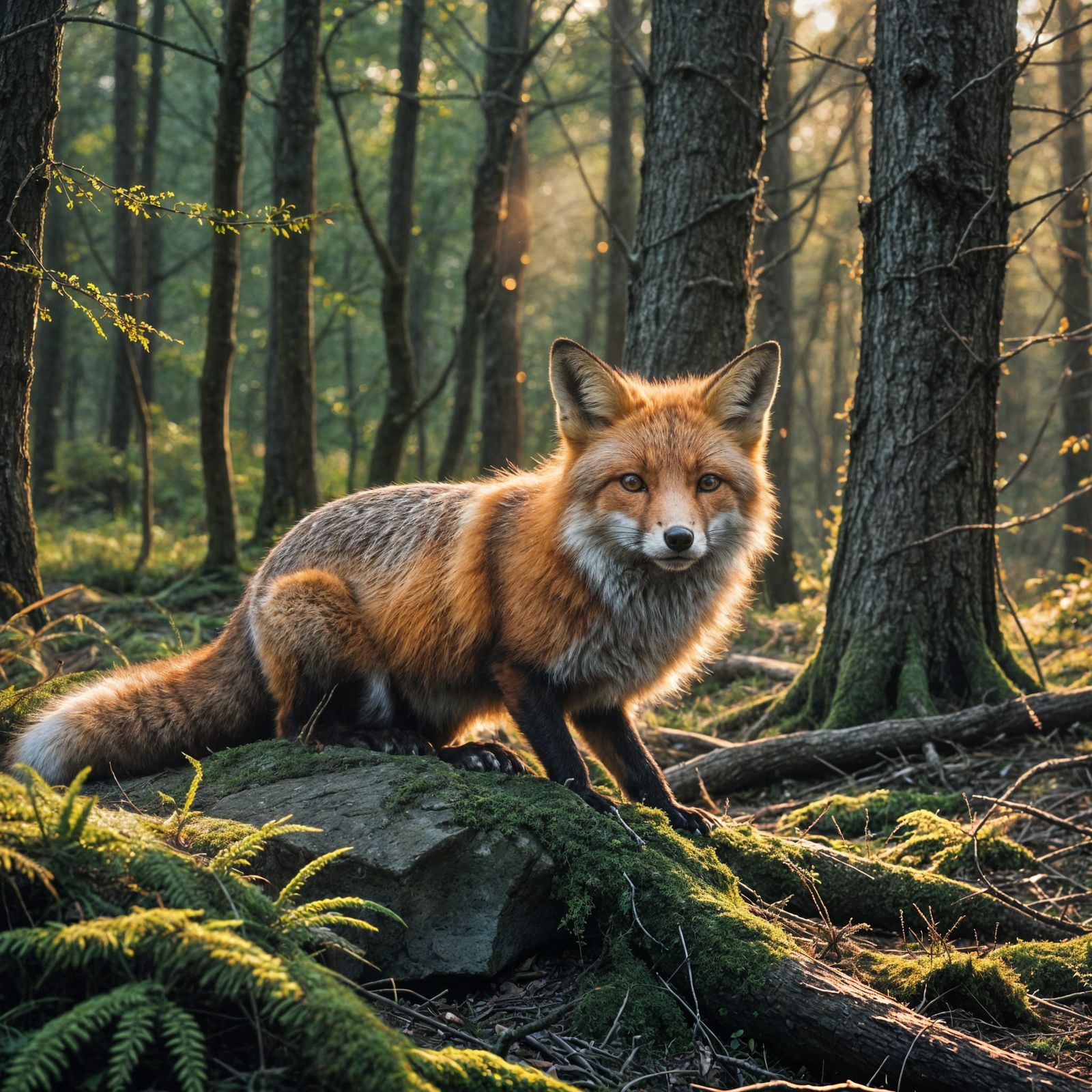 Fox in Forest at Dusk: Realistic Nature Photo