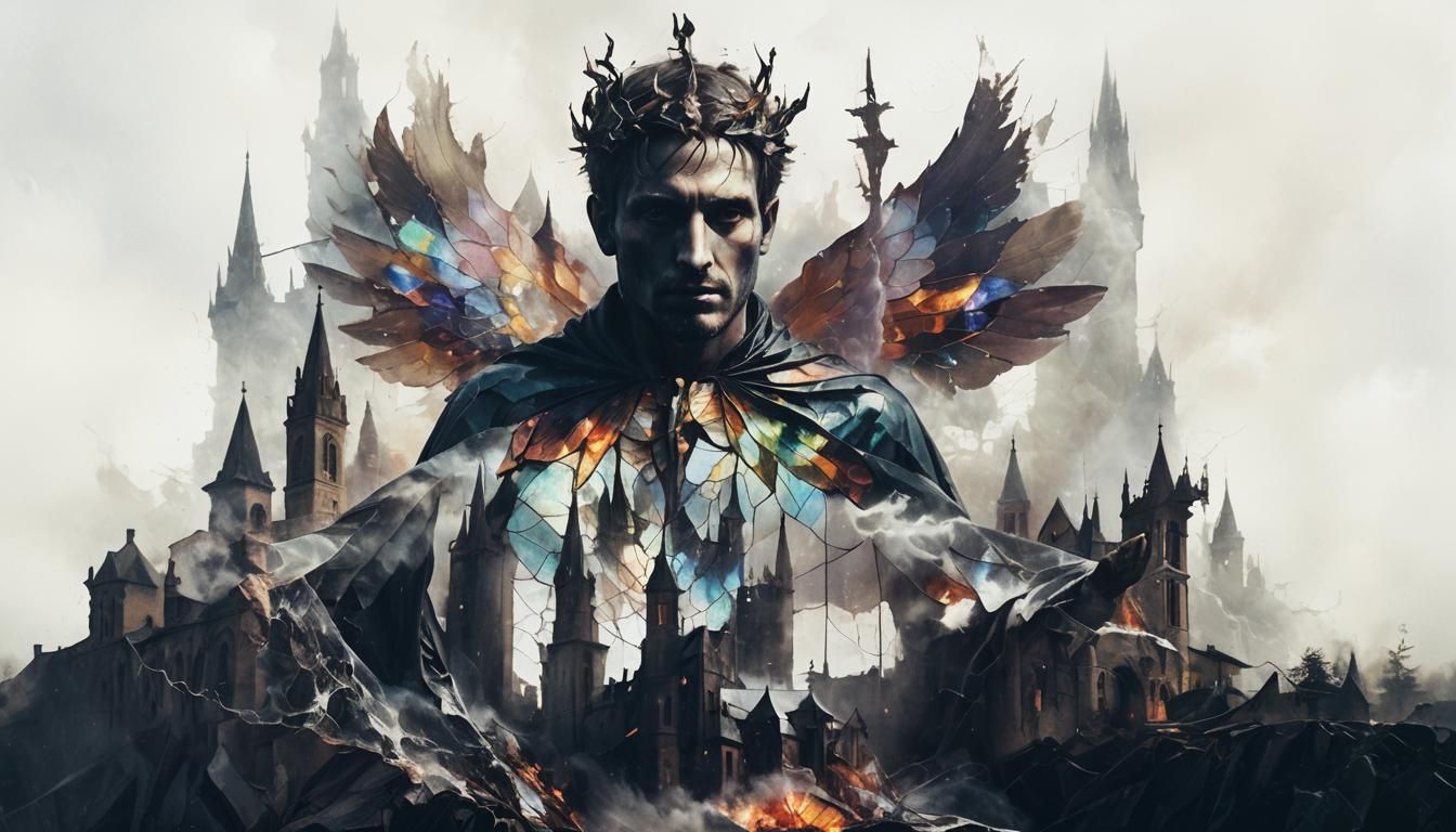 Surreal Figure with Iridescent Wings in Fiery Storm