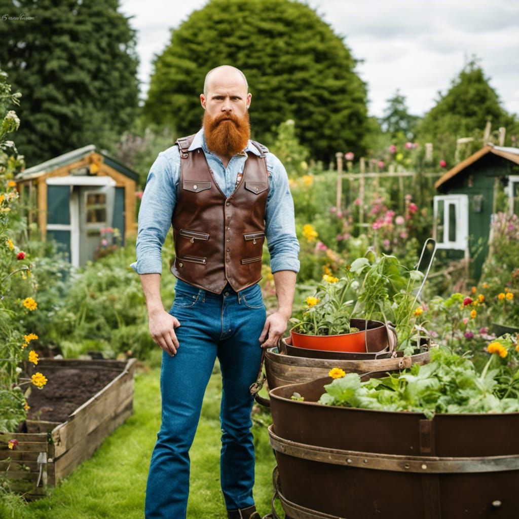 Handsome ginger man in his garden