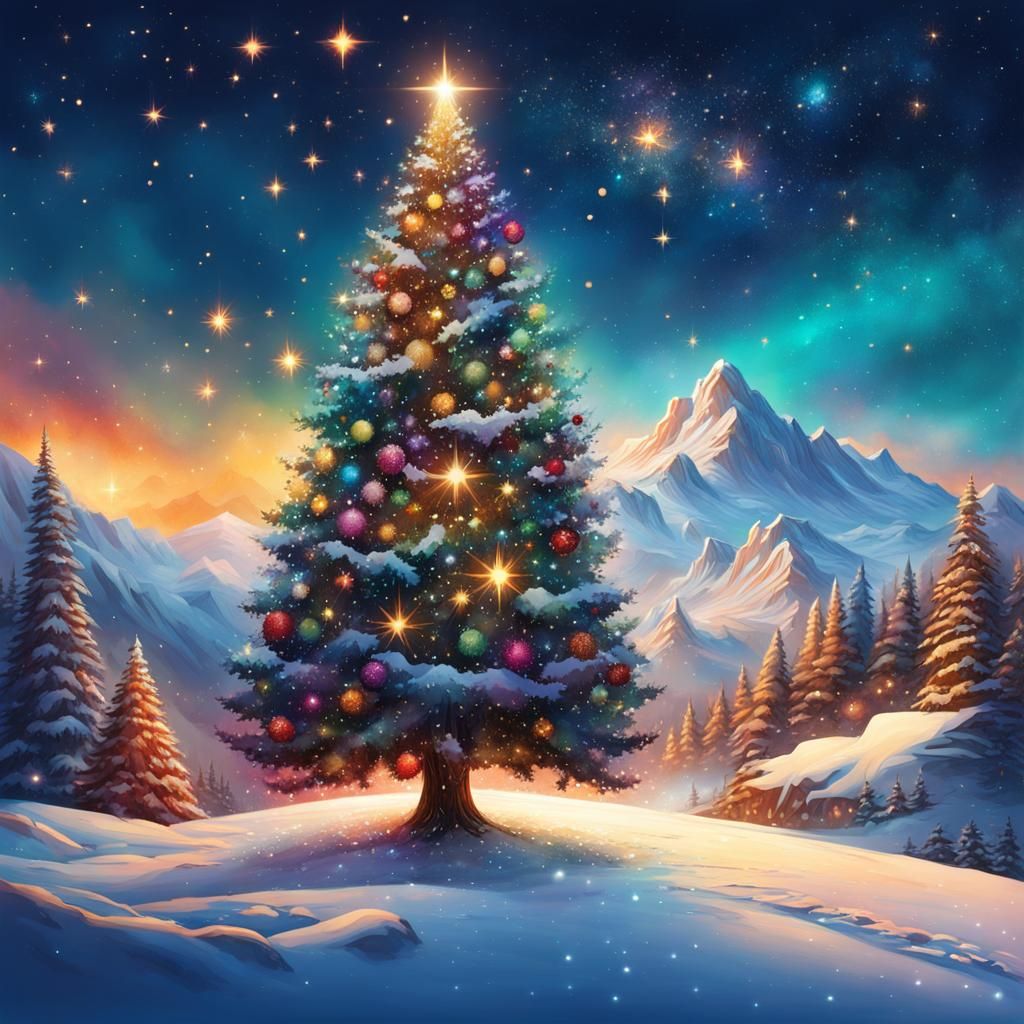 Festive Christmas Tree with Stars and Happy People