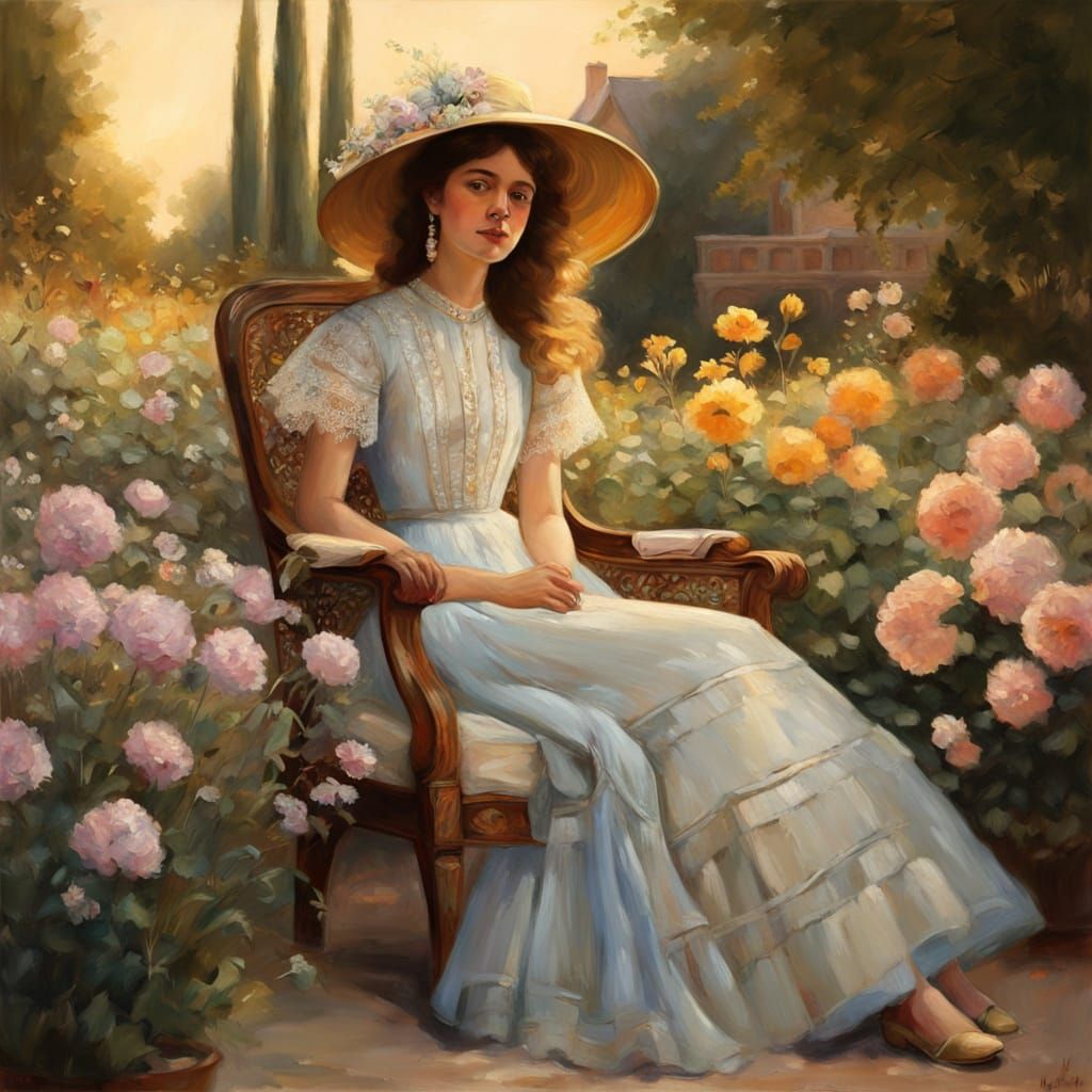 Romantic Realism Woman in a Garden Chair with a Rocket