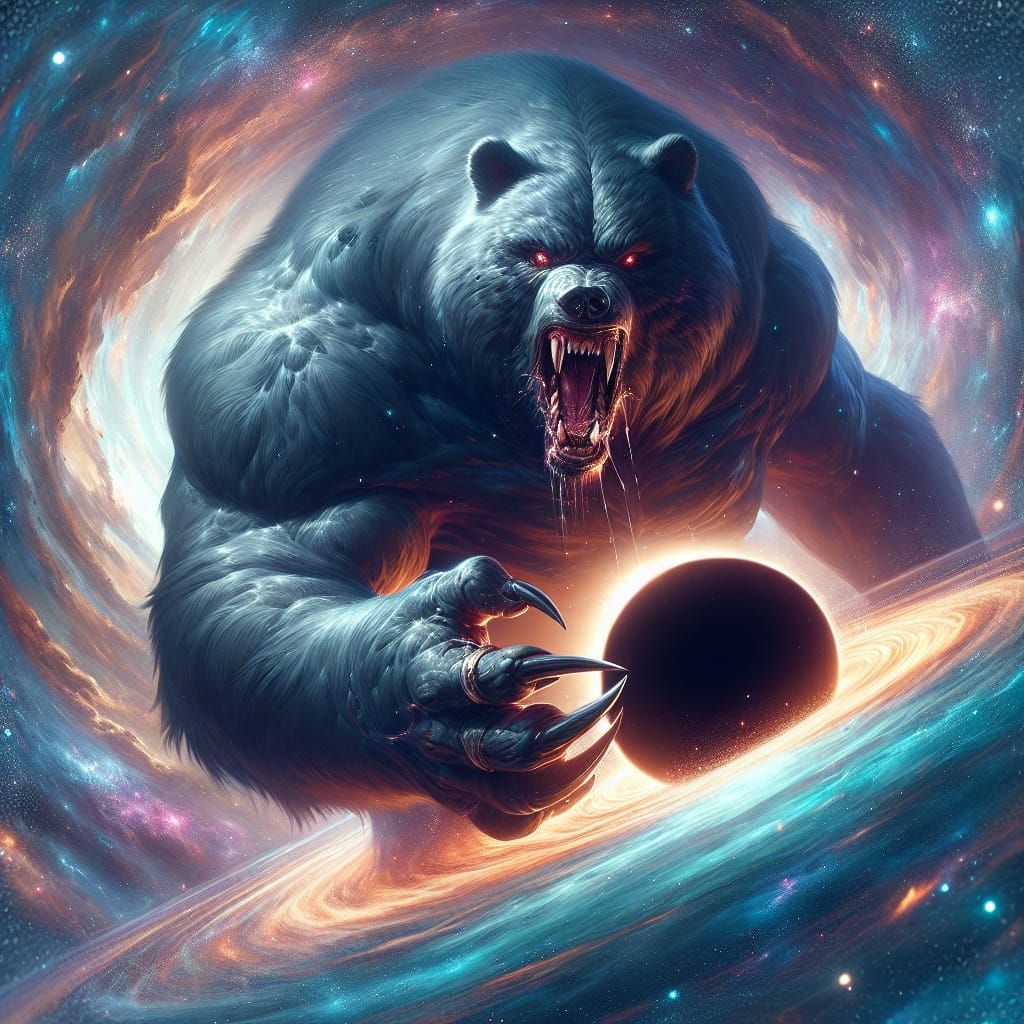 Cosmic Werebear Crushing Black Hole in Matte Painting Style