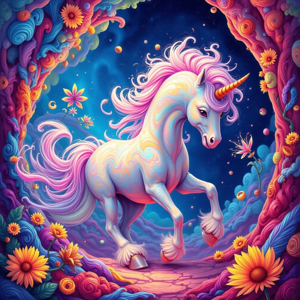 Whimsical Unicorn in Impossible Landscape with Cosmic Geomet...