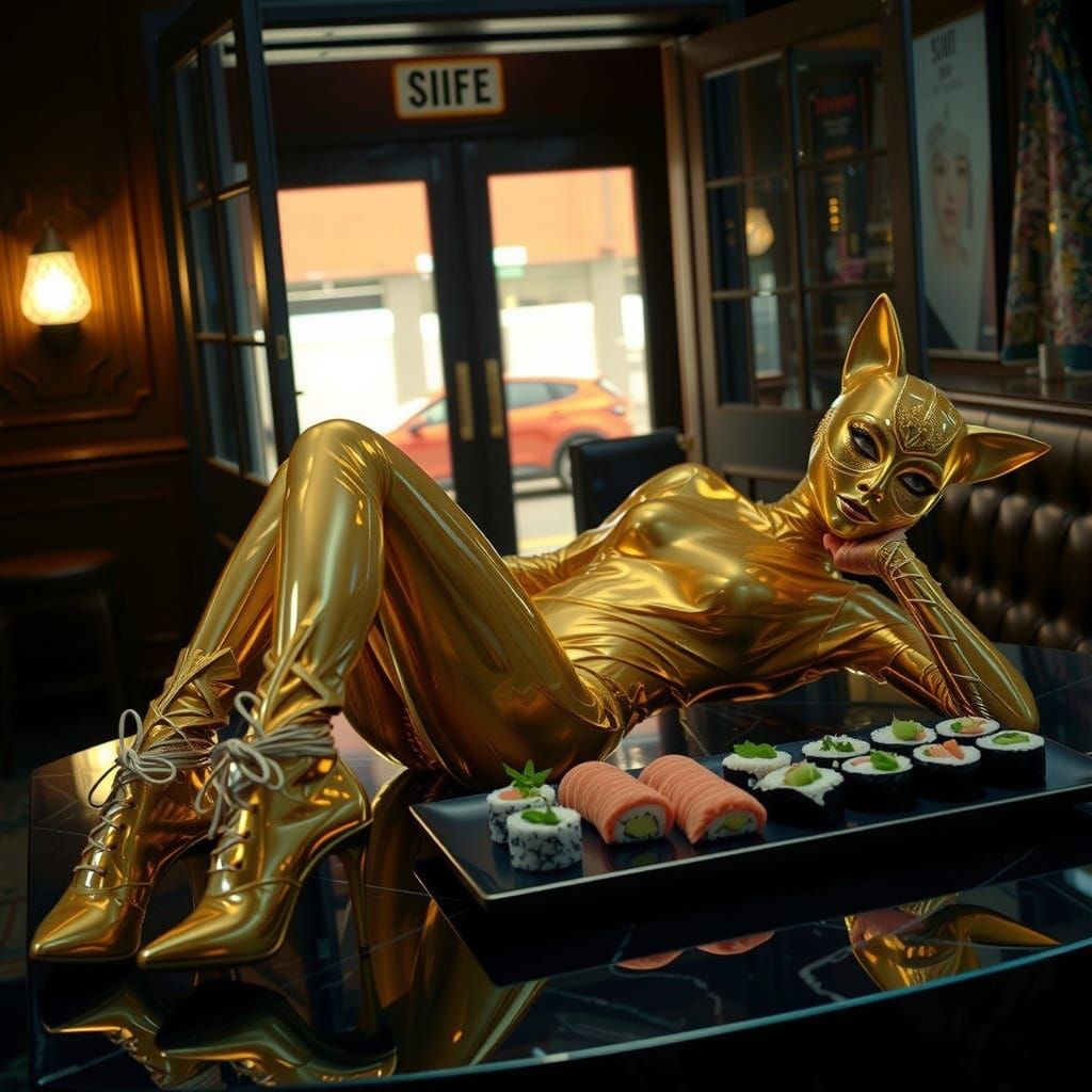 Cyberpunk Woman in Neon-Lit Gold Latex Catsuit