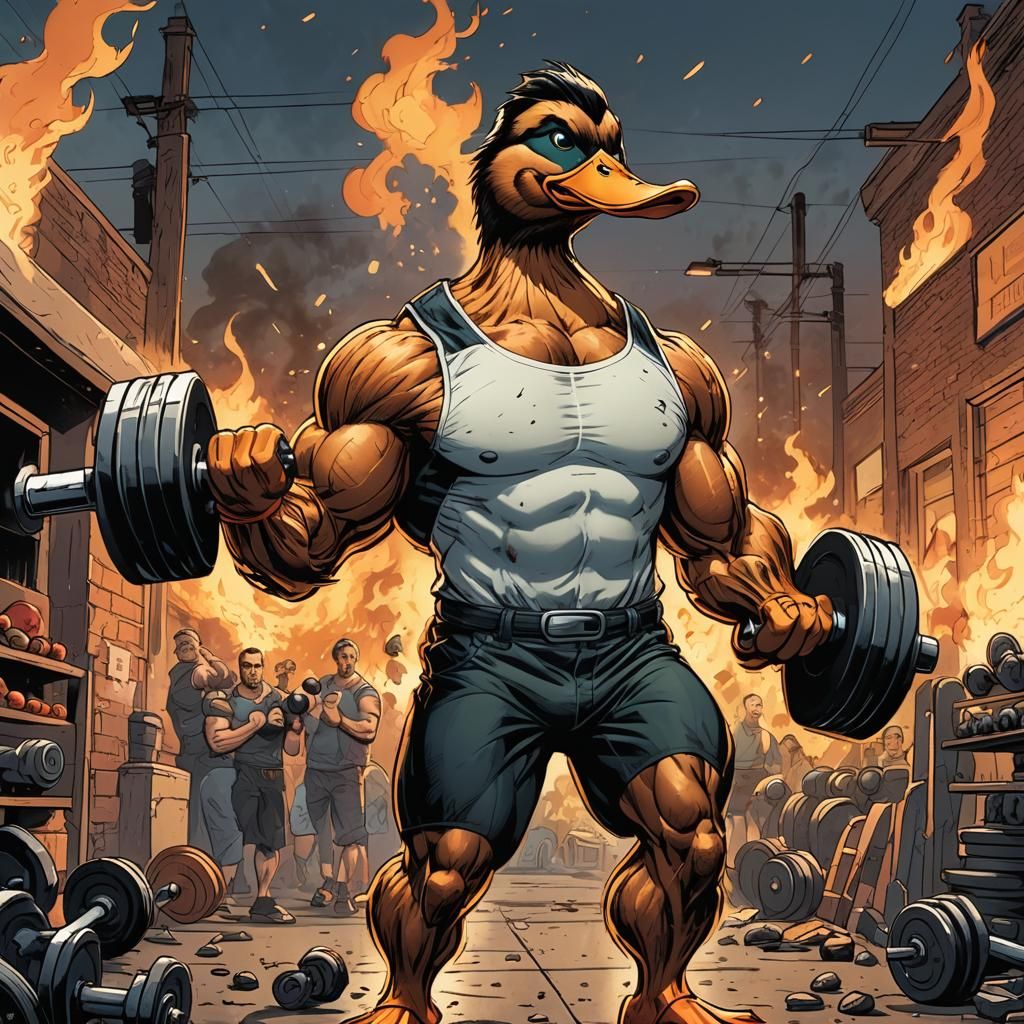 Muscular Duck at the Gym in Comic Book Style