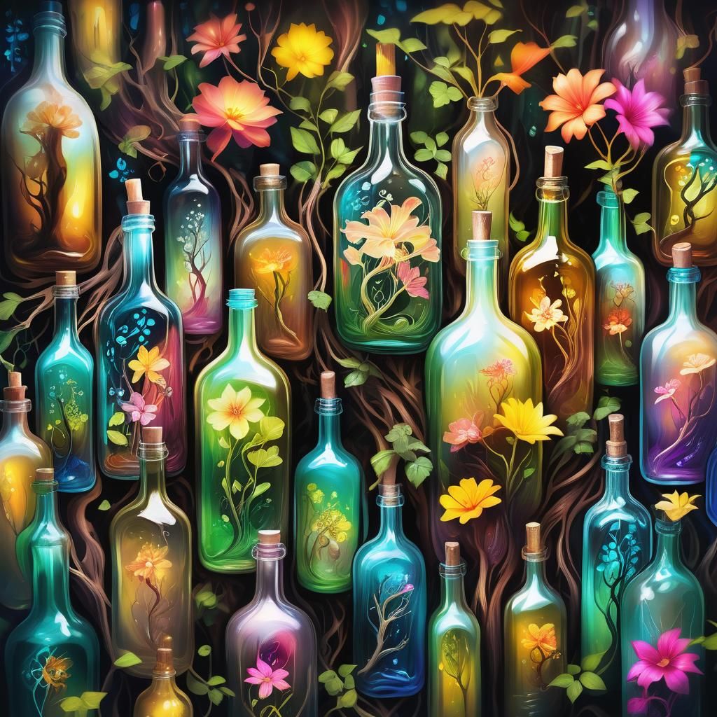 Ethereal Garden of Surreal Plants in Glass Bottles