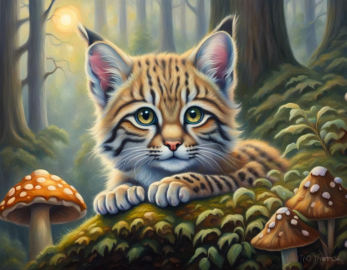 Dreamy Bobcat Cub in Misty Forest, Oil Painting