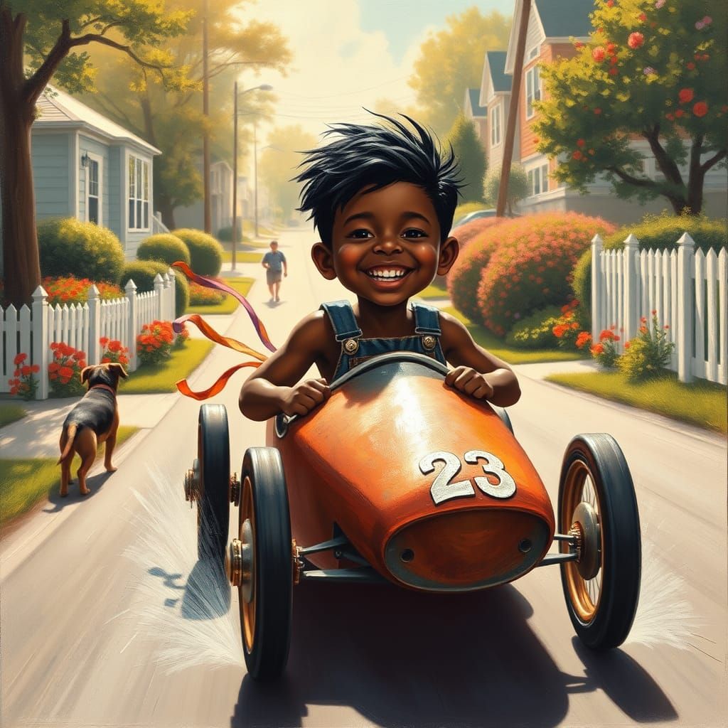 Boy in Soapbox Car, Americana Painting