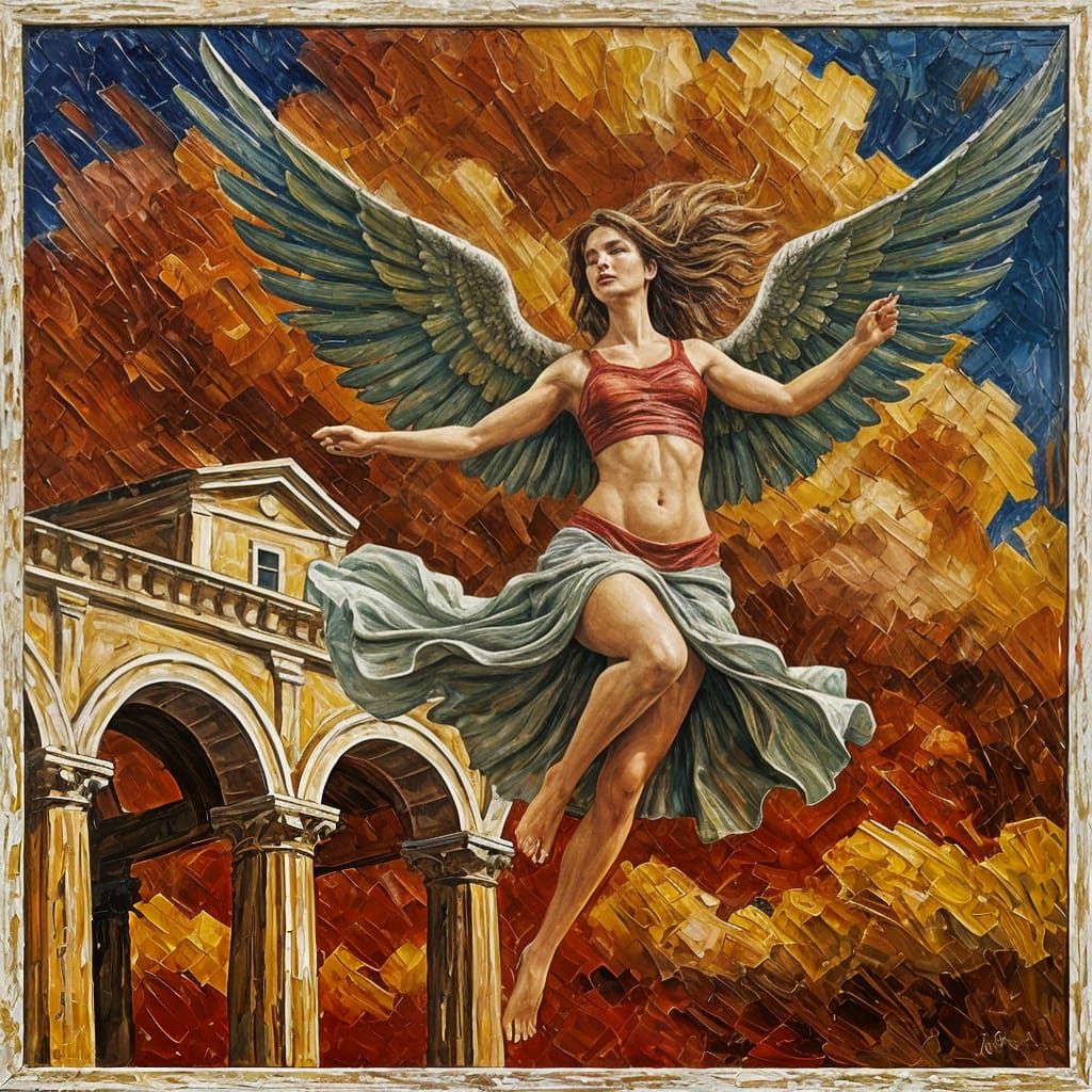 Winged Woman Leaping Amidst Red Clouds and Roman Arches