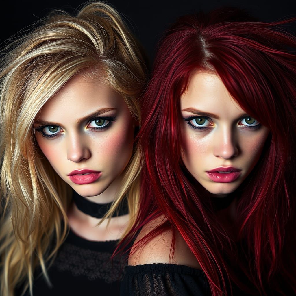Hyperrealistic Gothic Portrait of Twin Women in Neon