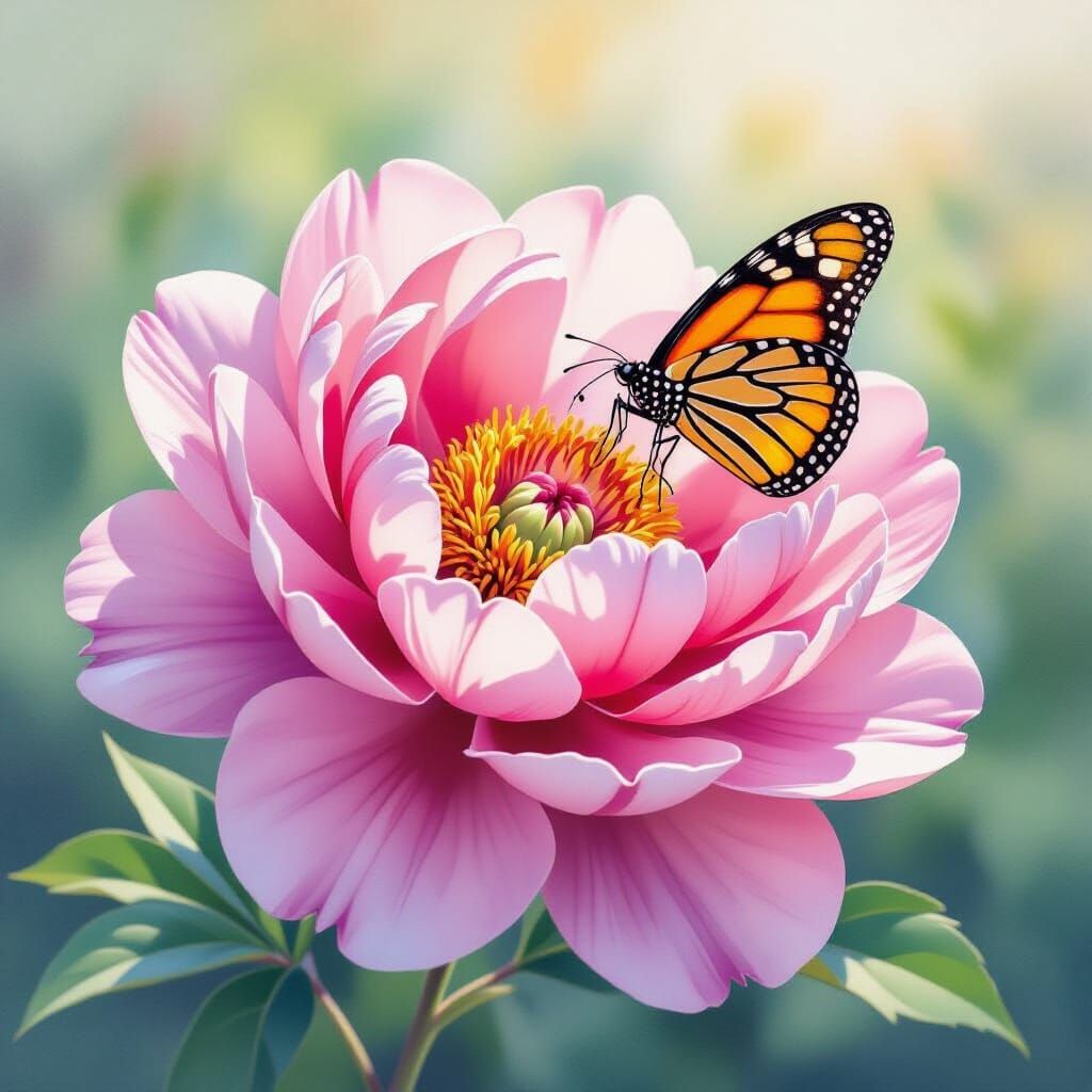 Vibrant Watercolor Peony with Monarch Butterfly
