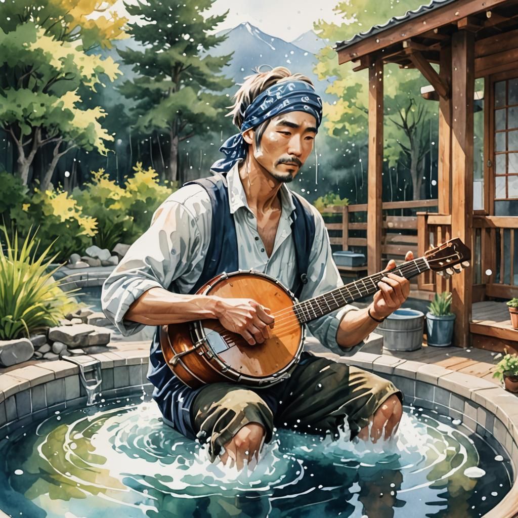 Banjo Player in Hot Tub: Manga-Inspired Watercolor
