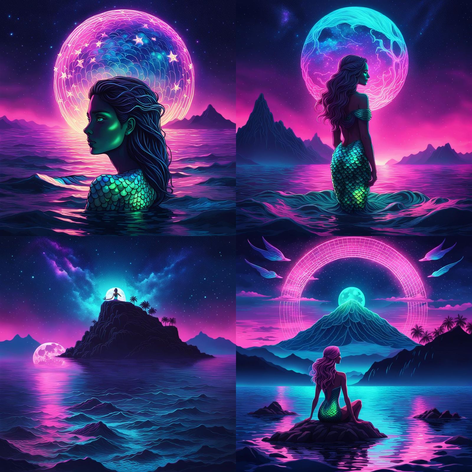 Synthwave Mermaid Siren on Island at Night