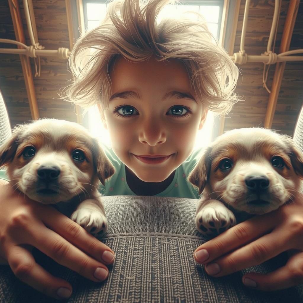 Child Embracing Puppies: Photorealistic 8K Surreal Scene