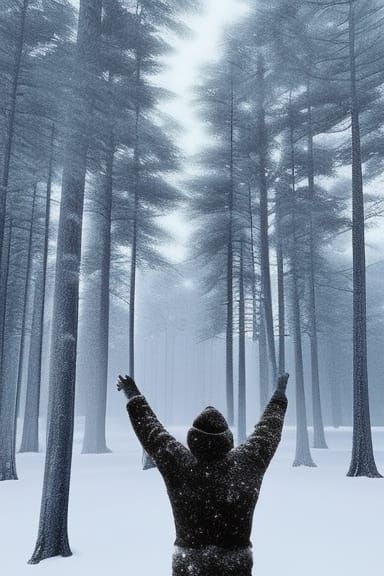 Reaching Hand in Snowy Winter Forest: Digital Painting