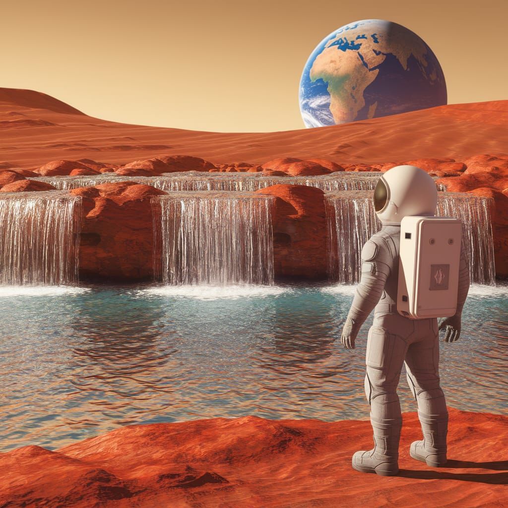 Martian Waterfall: Astronaut's Futuristic Discovery in 3D
