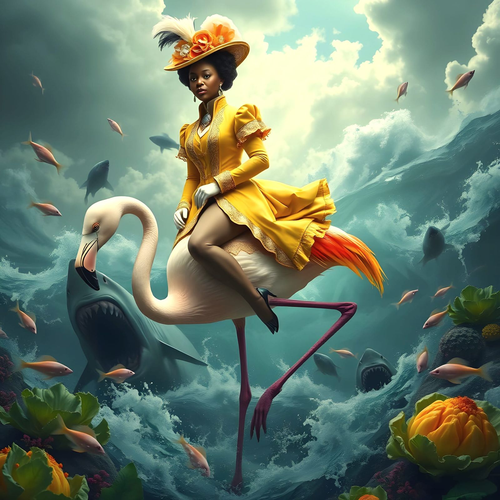 Elegant Victorian Lady Rides Flamingo Through Shark-Infested...