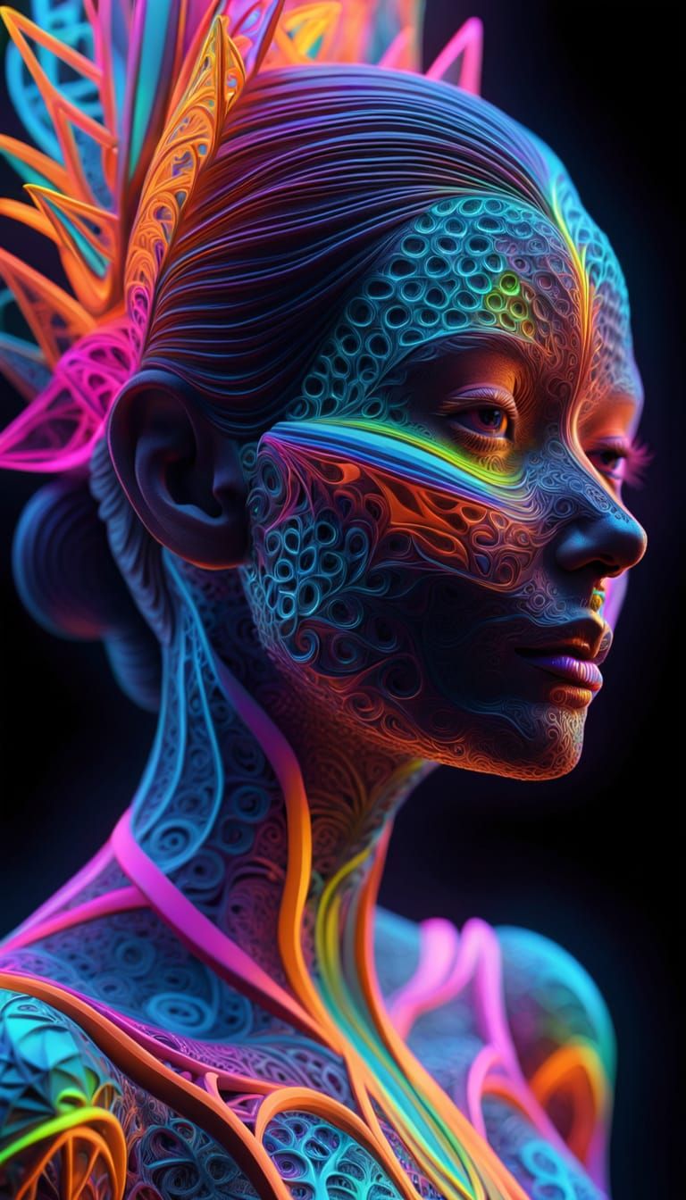Fractal Woman: Surreal Sculpture in Neon Light