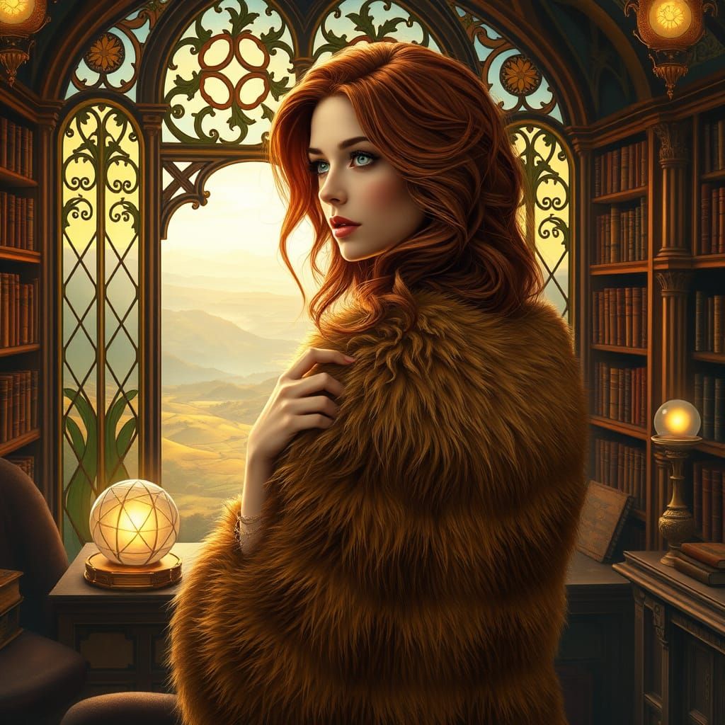 Regal Woman in Grand Library, Adorned in Luxurious Lynx Fur ...