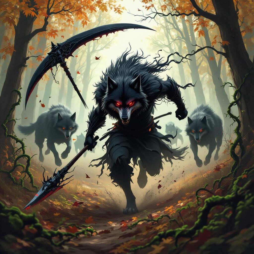 Alpha Wolf Flees Through Forest with Scythe