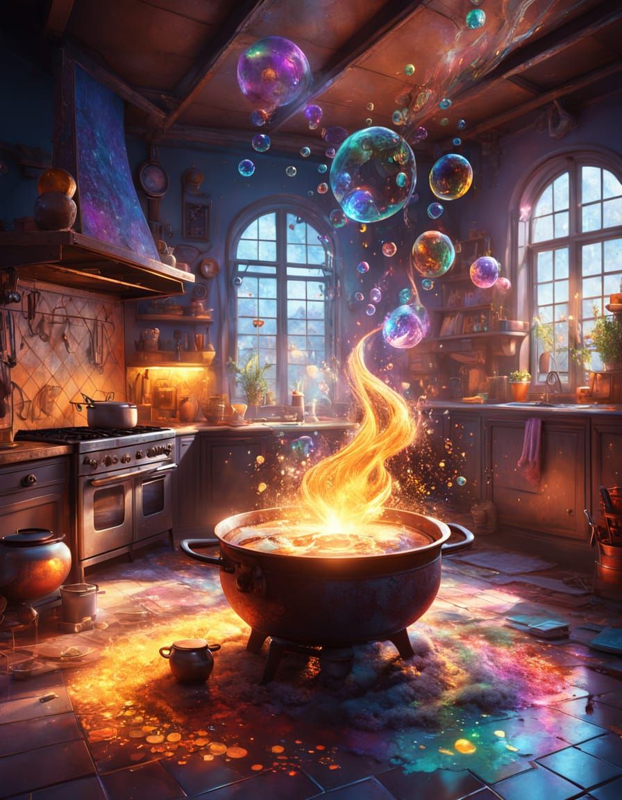 Enchanted Kitchen Scene with Magical Broom and Cooking