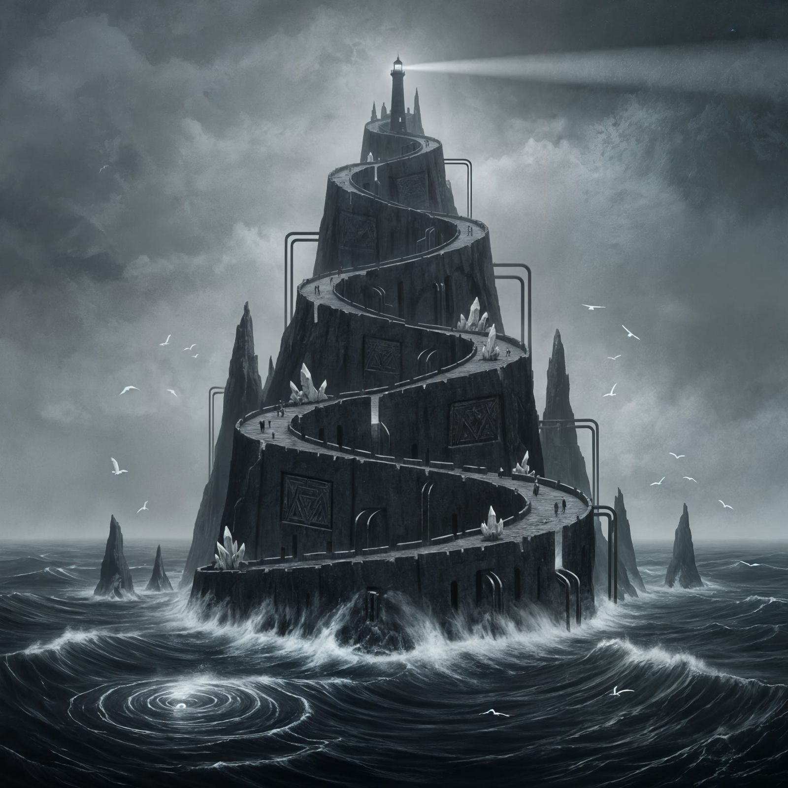 Gothic Fortress Island in Stormy Seas