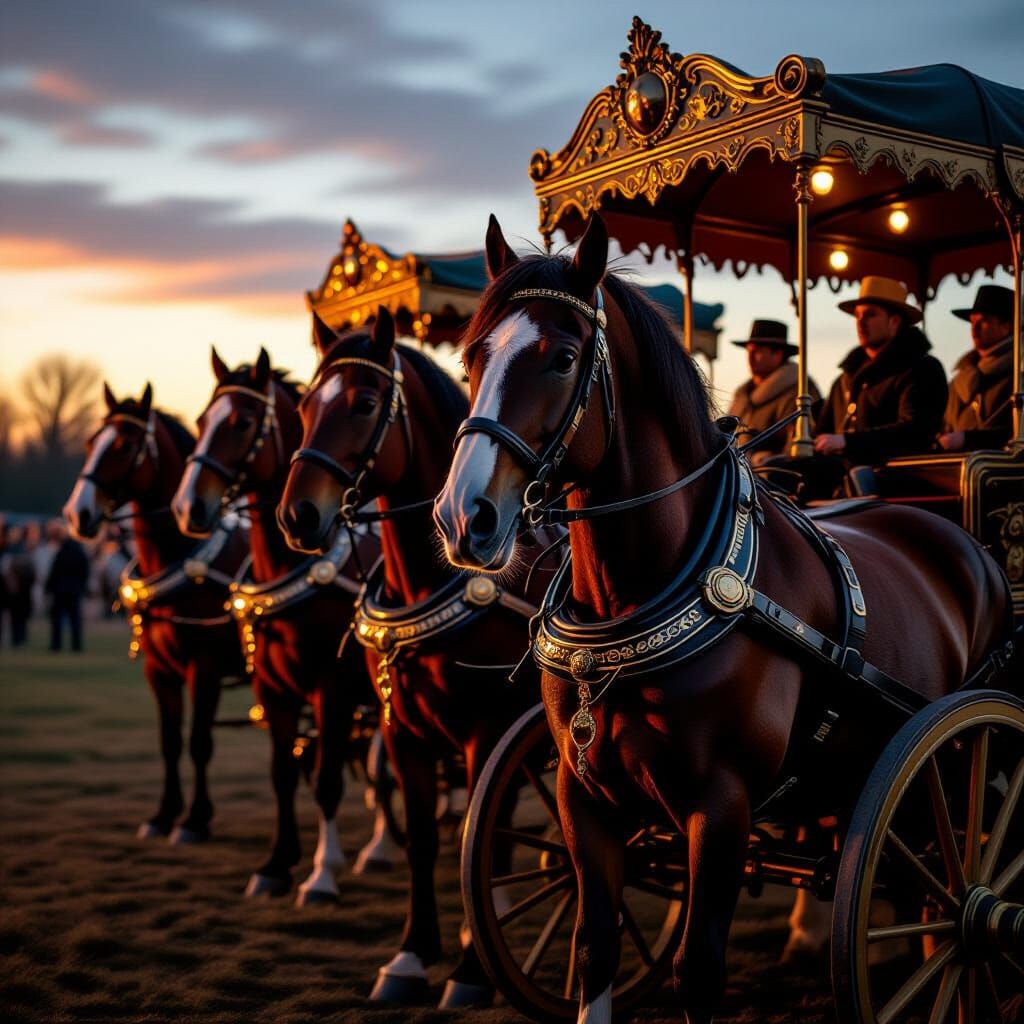 Powerful Horses Pulling Ornate Chariots in Golden Hour Light