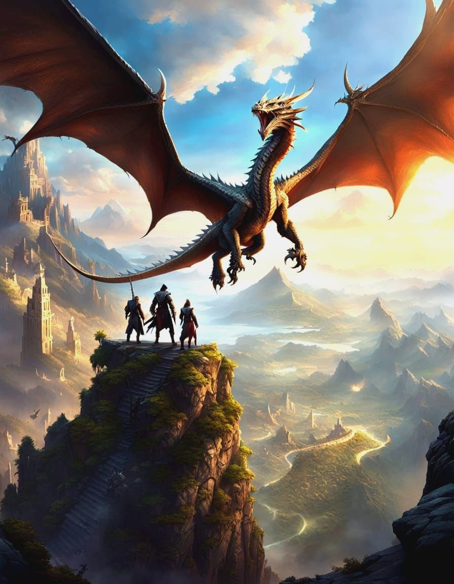 Majestic Mountain Vista with Dragon: Fantasy Art