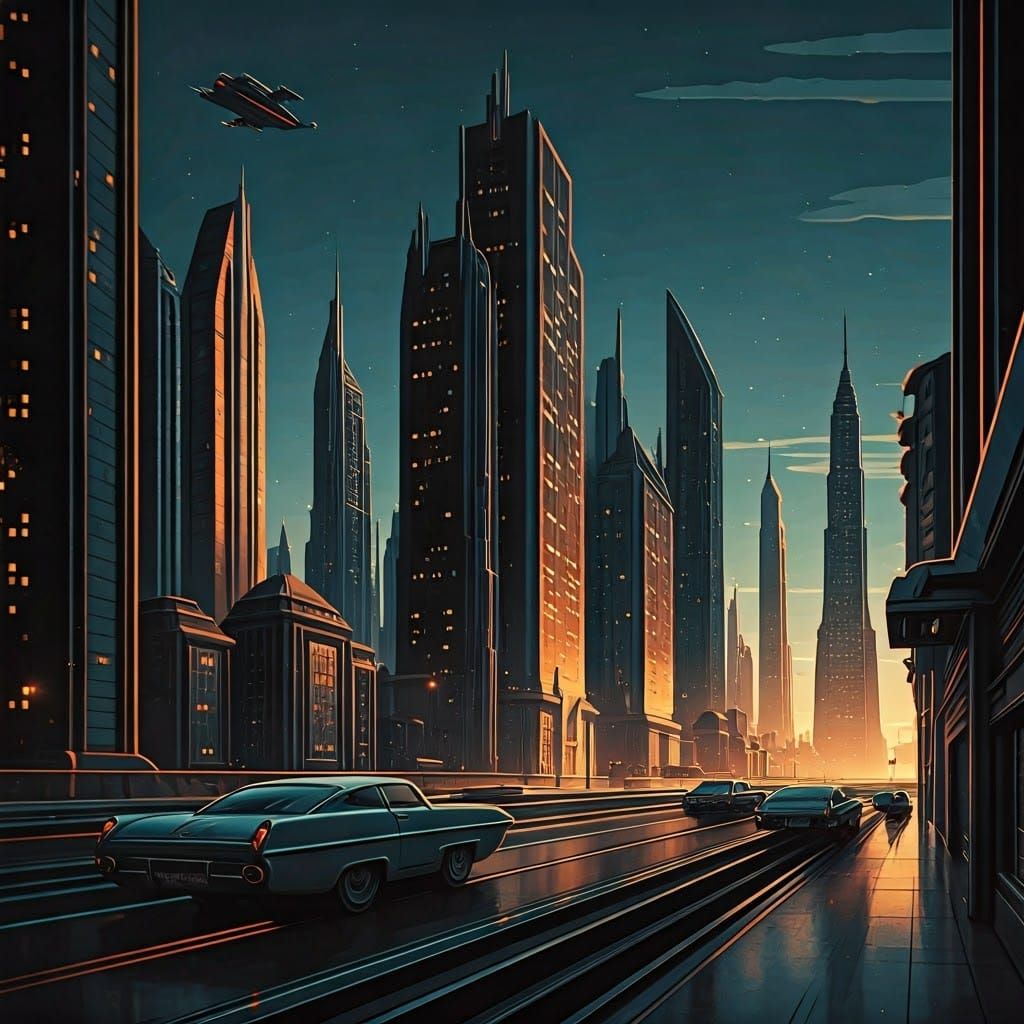 Retro-Futuristic Cityscape at Dusk in Sci-Fi Style