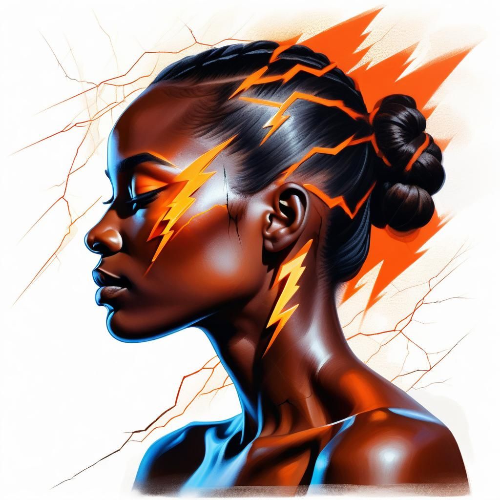 Serene Woman with Neon Lightning, Oil Painting