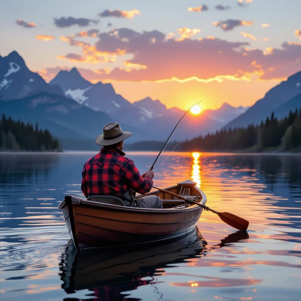 Man Fly Fishing at Sunset on Pristine Mountain Lake